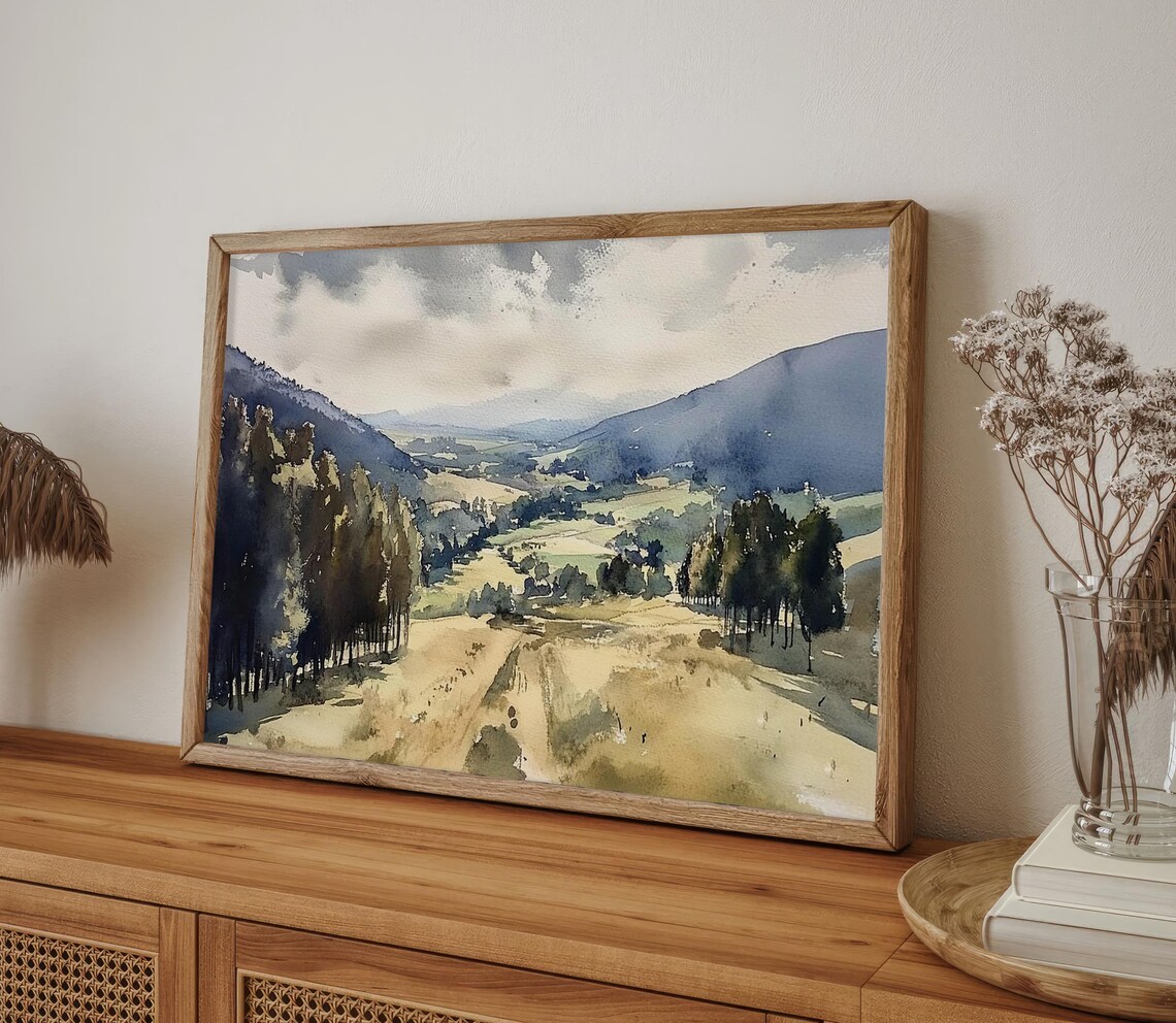 Green Valley Rolling Hills Cloudy Sky Watercolor Landscape Poster - Image 4