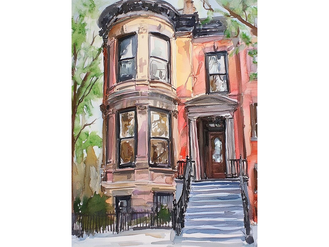 Boston Victorian House Watercolor Art Print, Cityscape