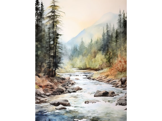 Salmon River Watercolor Idaho Mountain Landscape Art Print