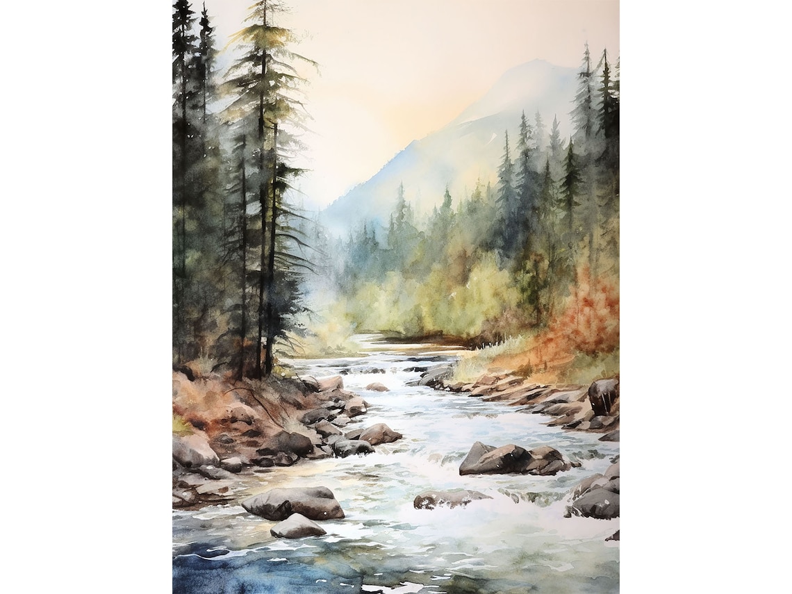 Salmon River Watercolor Idaho Mountain Landscape Art Print