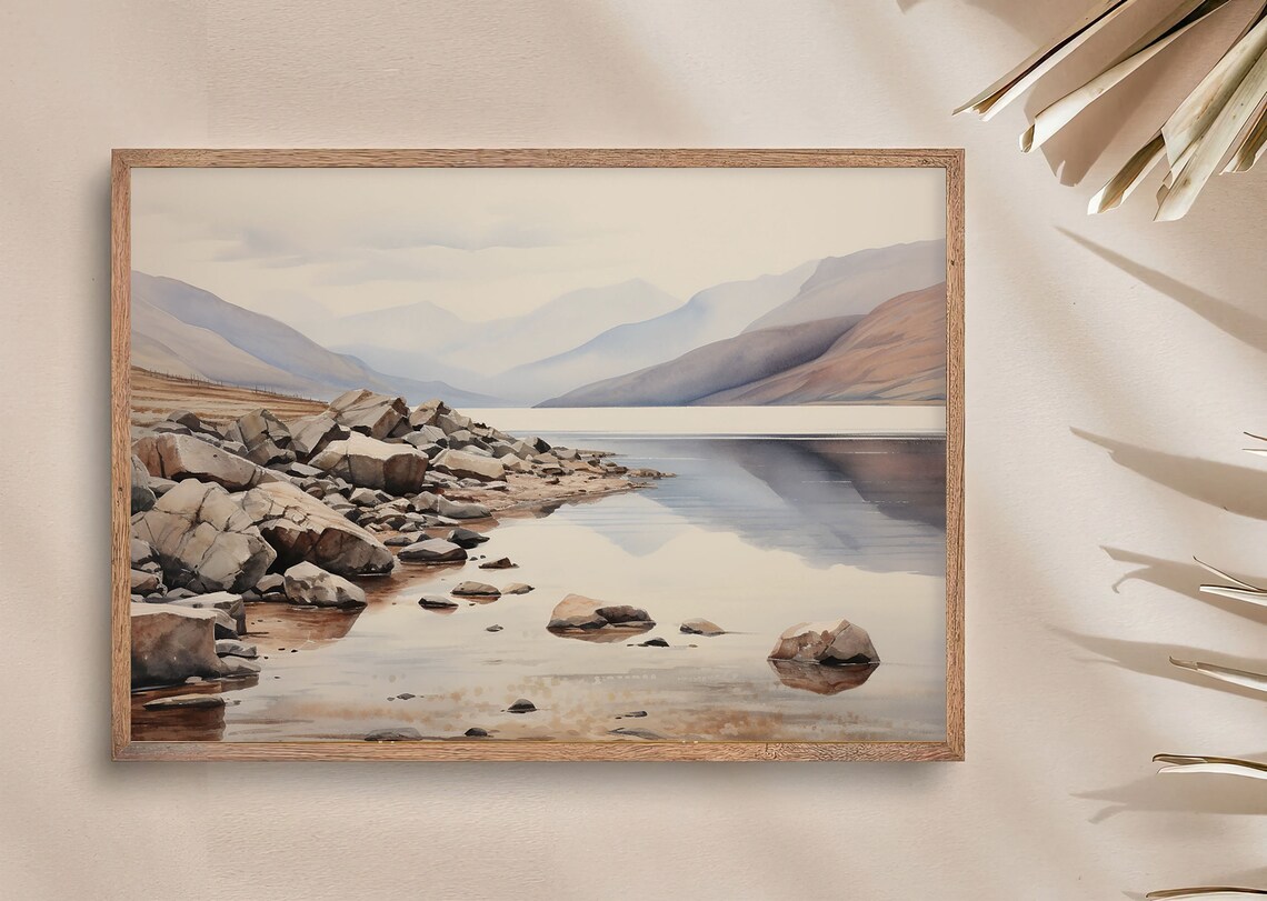 Rocky Lakeshore with Perfect Mountain Reflections Watercolor Poster - Image 4