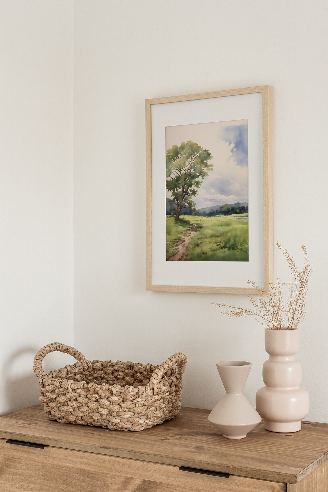 Lone Oak Tree Green Field Summer Watercolor Countryside Poster - Image 3