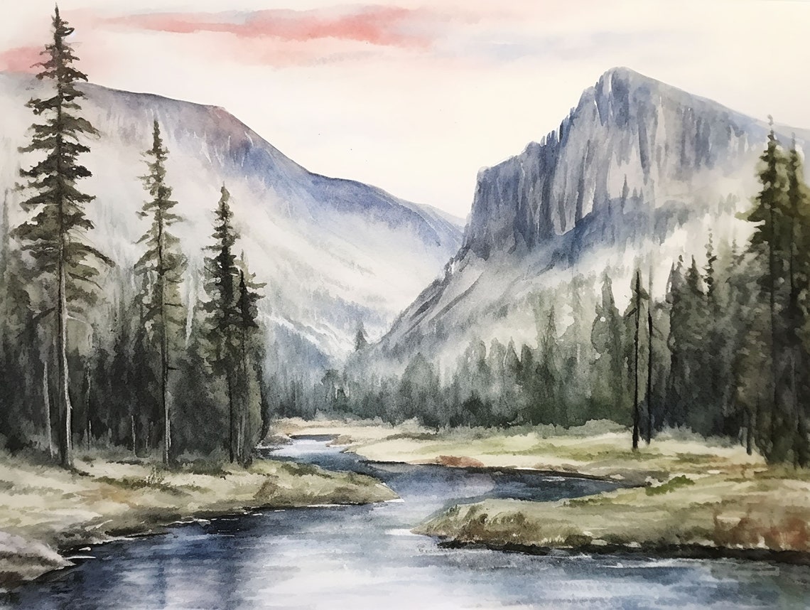 Misty Mountain Valley River Winding Through Tall Pines Poster