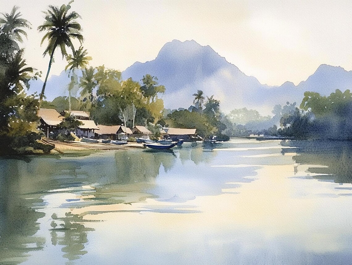 Tropical Riverside Village Palm Boats Mountain Watercolor Poster