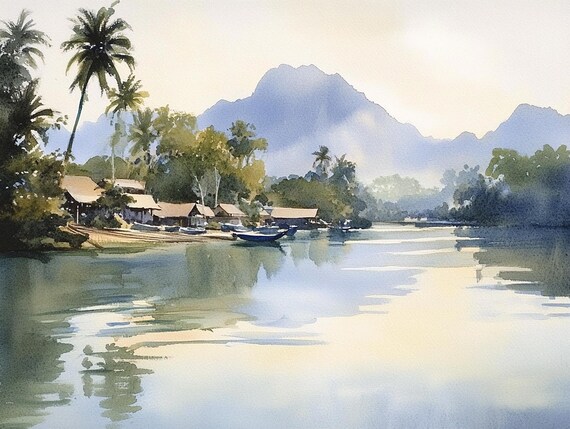 Kwai River Painting Thailand Watercolor Art Print Tropical River Landscape Wall Art Boat Print Palm Tree Art Travel Poster