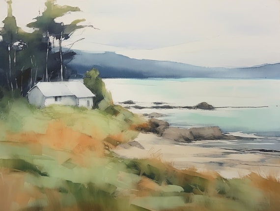 Great Lakes Painting Lake House Watercolor Art Tranquil Michigan Landscape Wall Art Forest Lakeshore Artwork