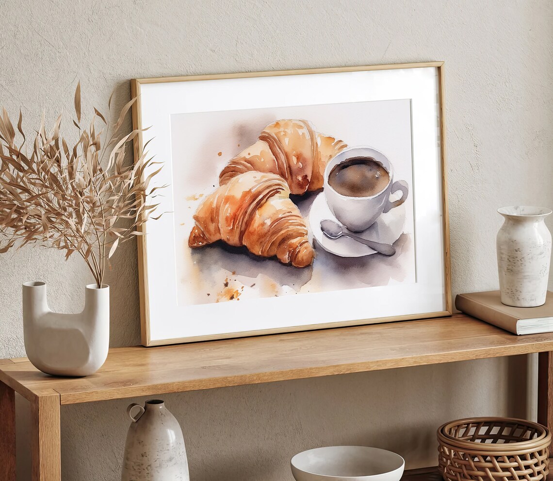 French Breakfast Watercolor Coffee and Croissant Art Print - Image 2