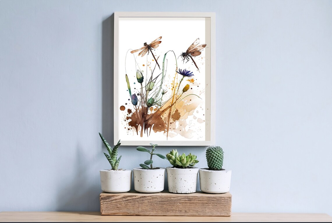Cornflowers Painting Dragonfly Art Print, Neutral Meadow - Image 2