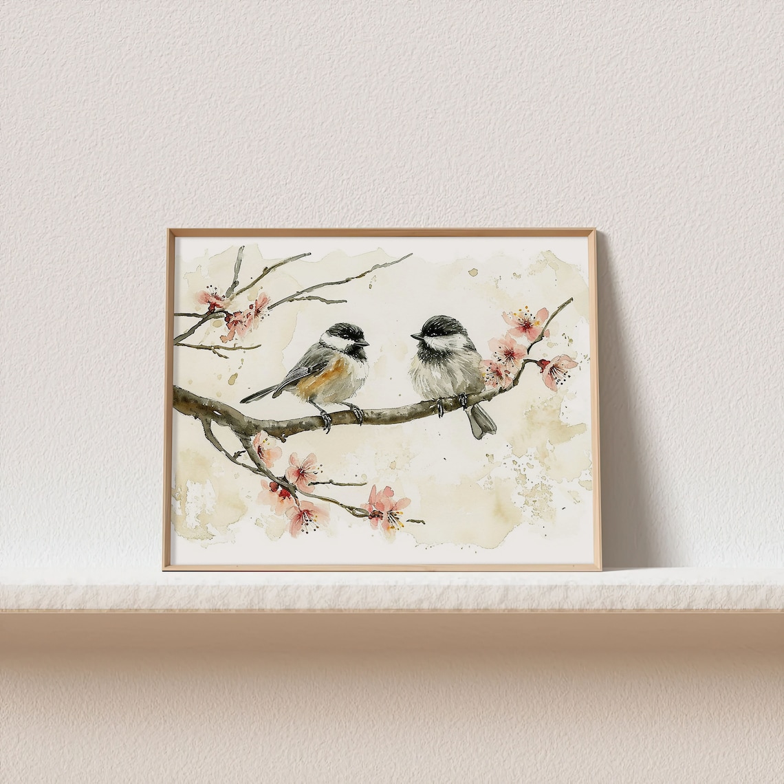 Chickadee Couple Birds Watercolor Art Print, Sakura - Image 3