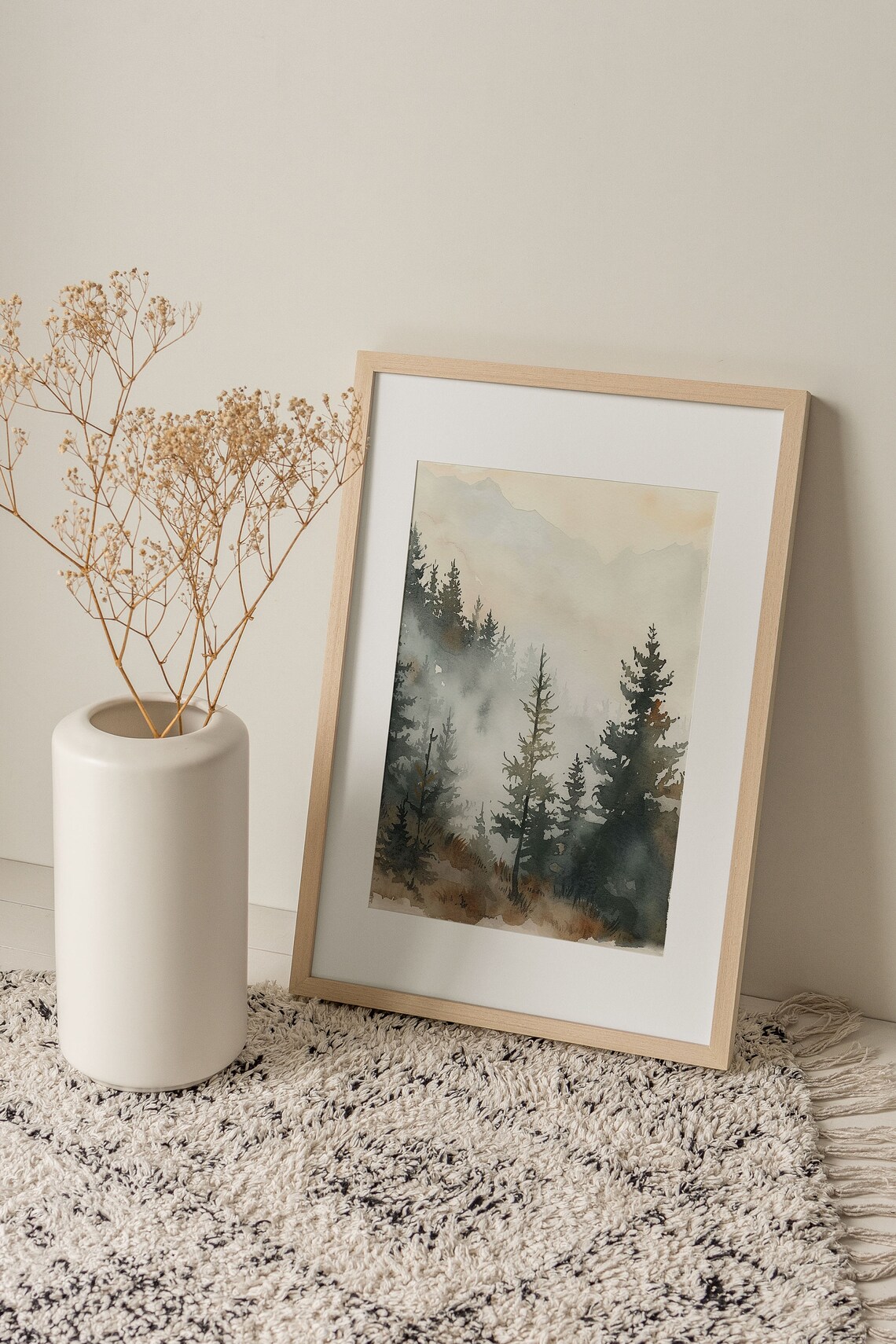 Misty Pine Forest with Foggy Peaks Watercolor Landscape Wall Art - Image 2