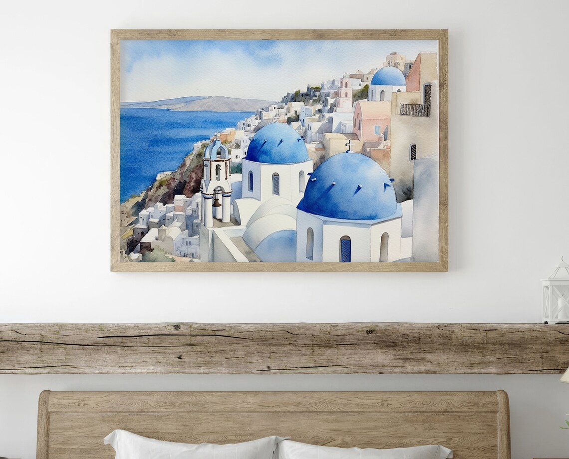 Santorini Watercolor Travel Poster, Greek Coastline - Image 3