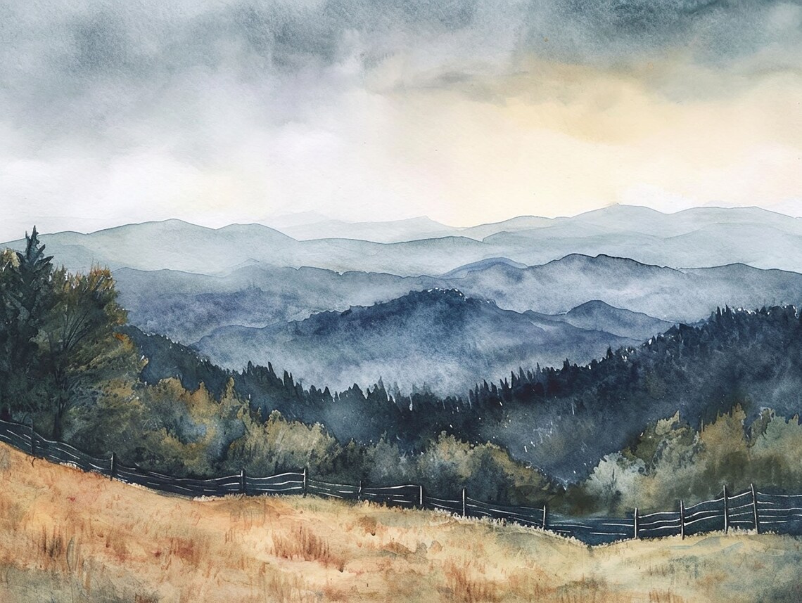 Appalachian Mountains Evergreen Forest Watercolor Art Print