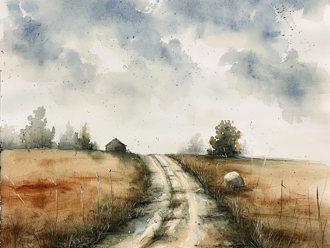 Country Road Painting, Rustic Barn Watercolor Art Print