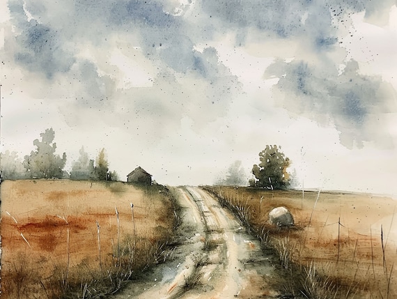 Country Road Painting, Rustic Barn Watercolor Art Print
