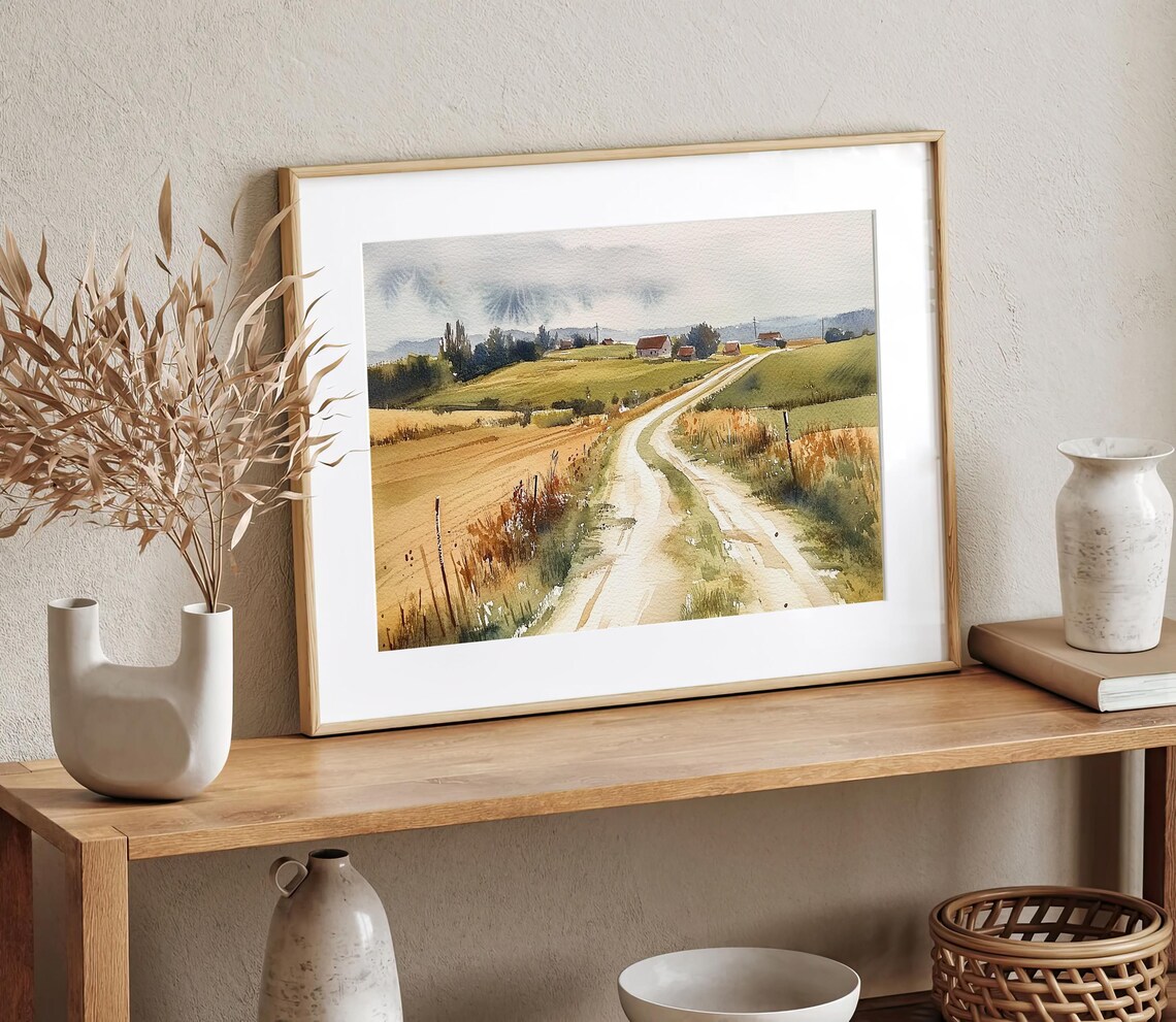 Country Dirt Road Winding to Farmhouses Watercolor Landscape Poster - Image 3
