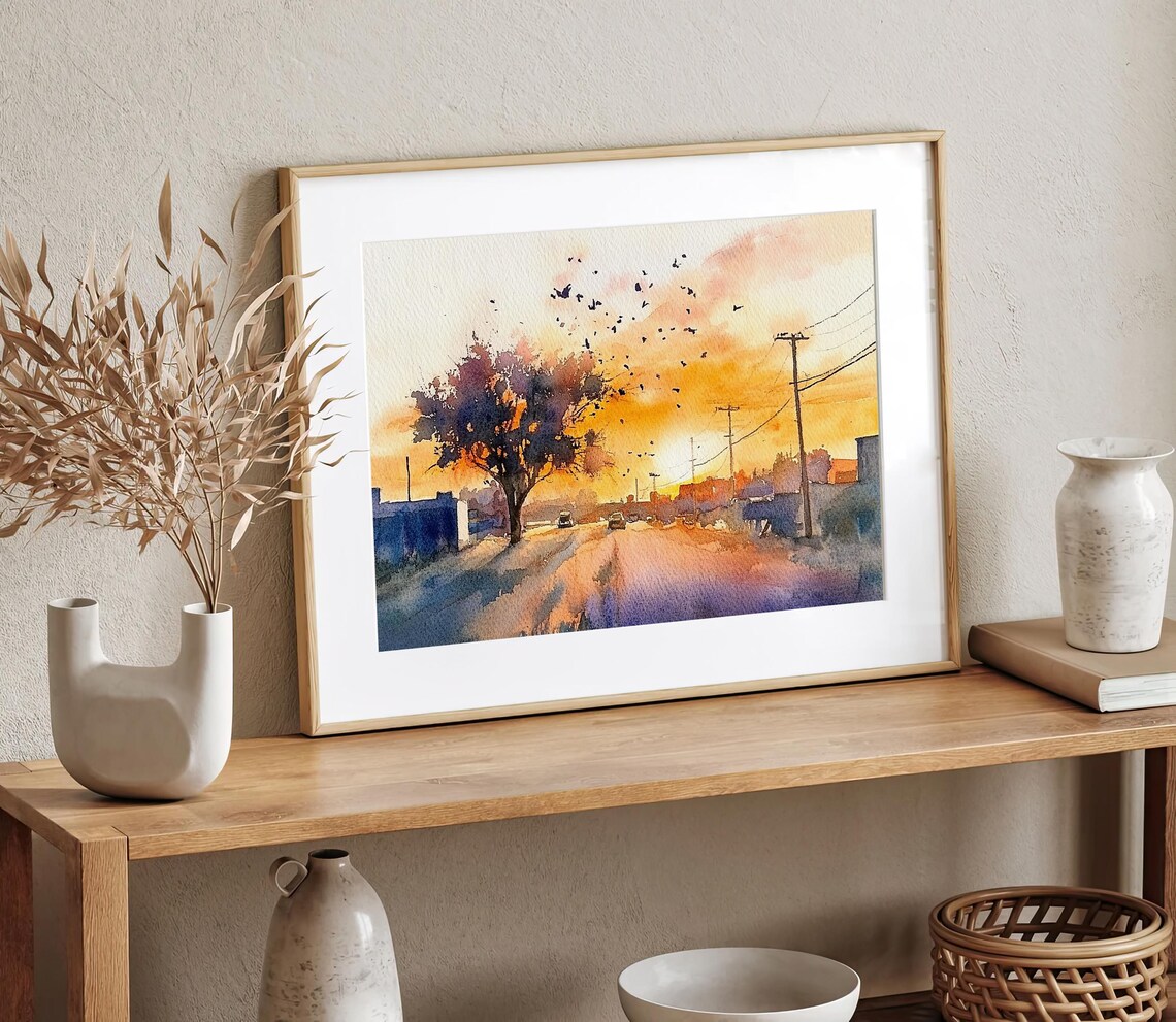 Sunset Street Flock of Birds Orange Sky Watercolor City Poster - Image 2