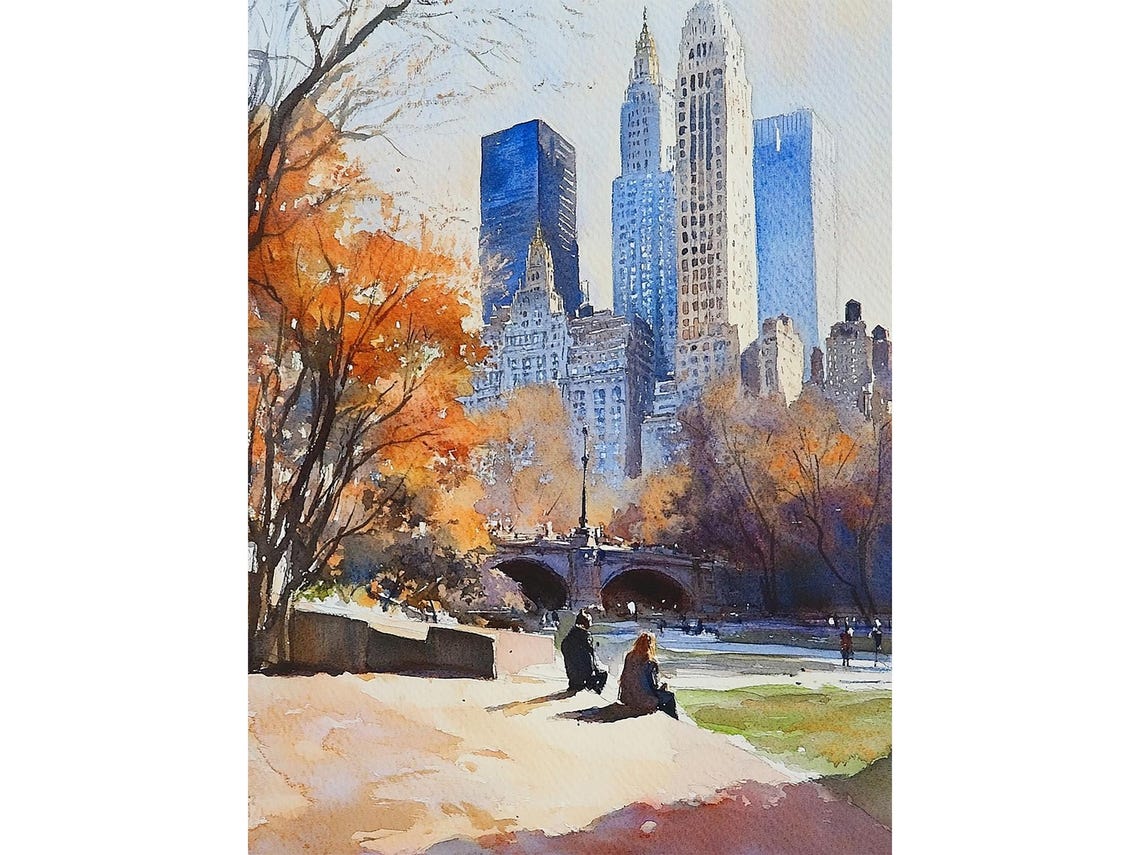 Central Park Poster Nyc Painting Morning Park Watercolor Art Print New York Skyline Cityscape Wall Art Travel Poster
