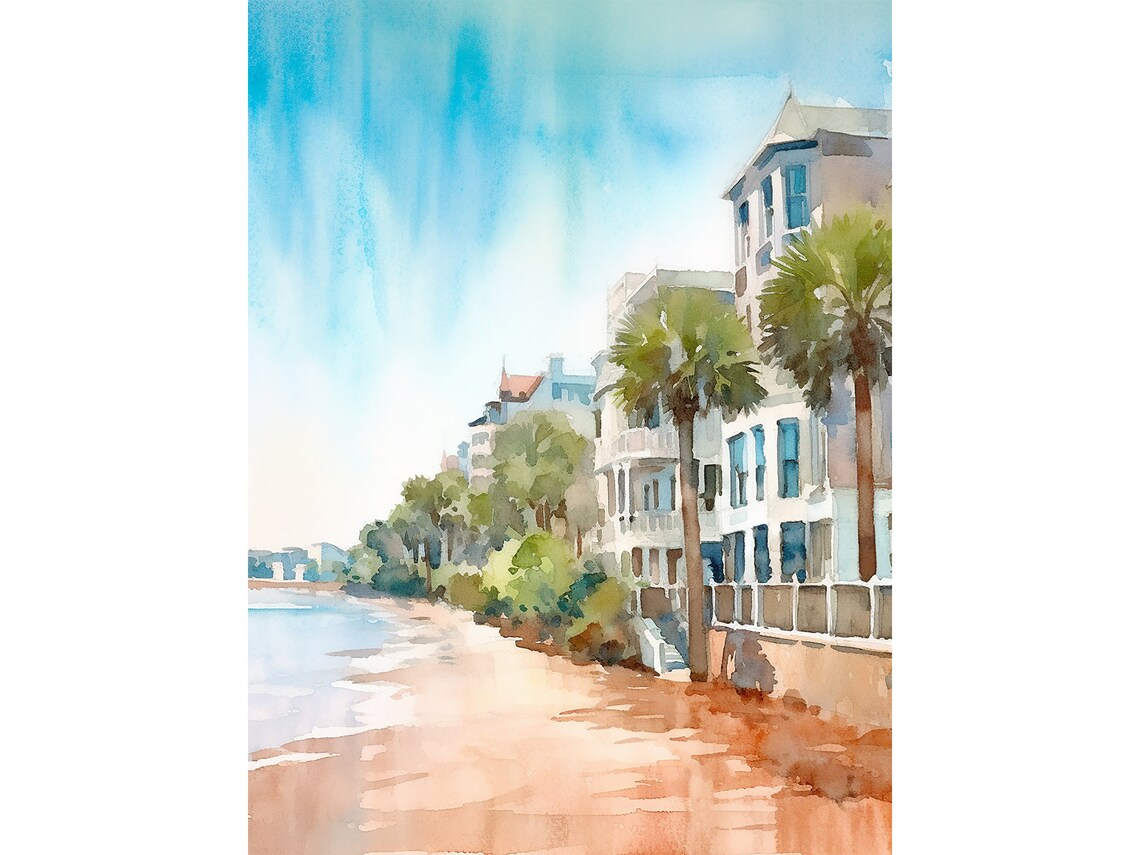 The Battery Charleston Watercolor Travel Poster