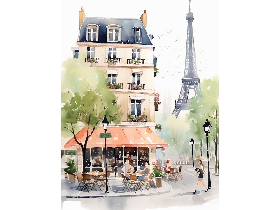 Paris Eiffel Tower Watercolor Art Print, Parisian Scene