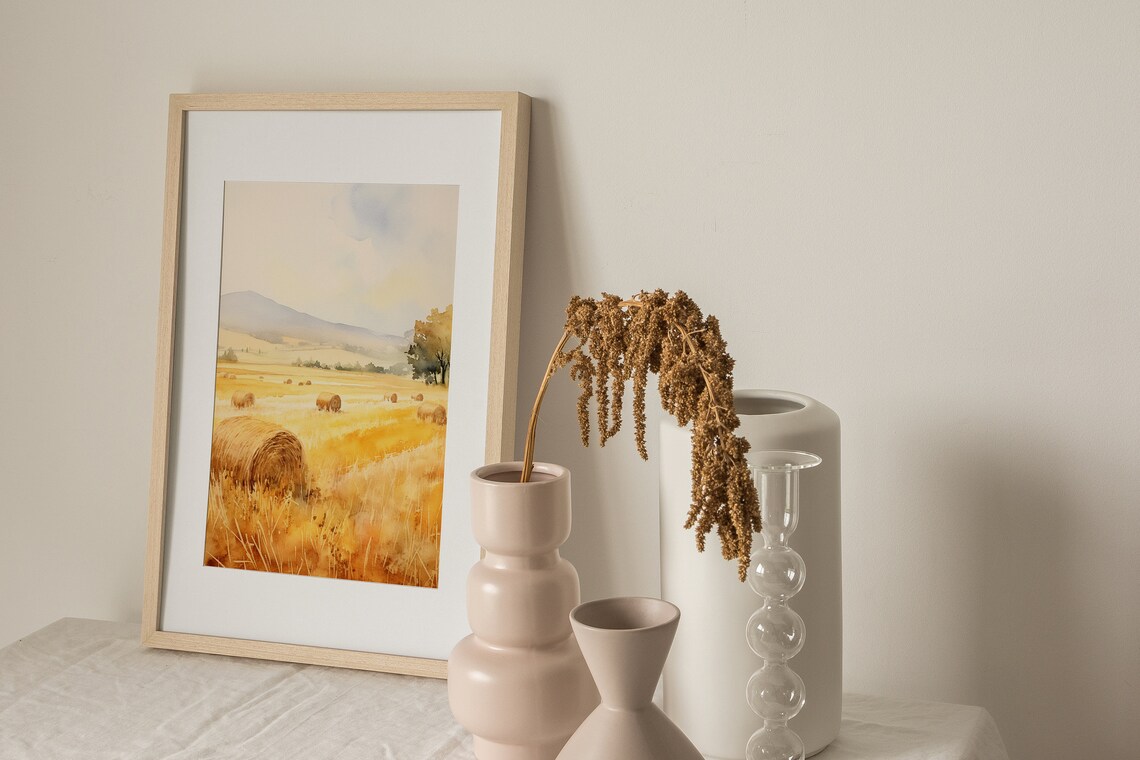 Haystacks Watercolor Painting, Farmhouse Landscape Art Print - Image 2