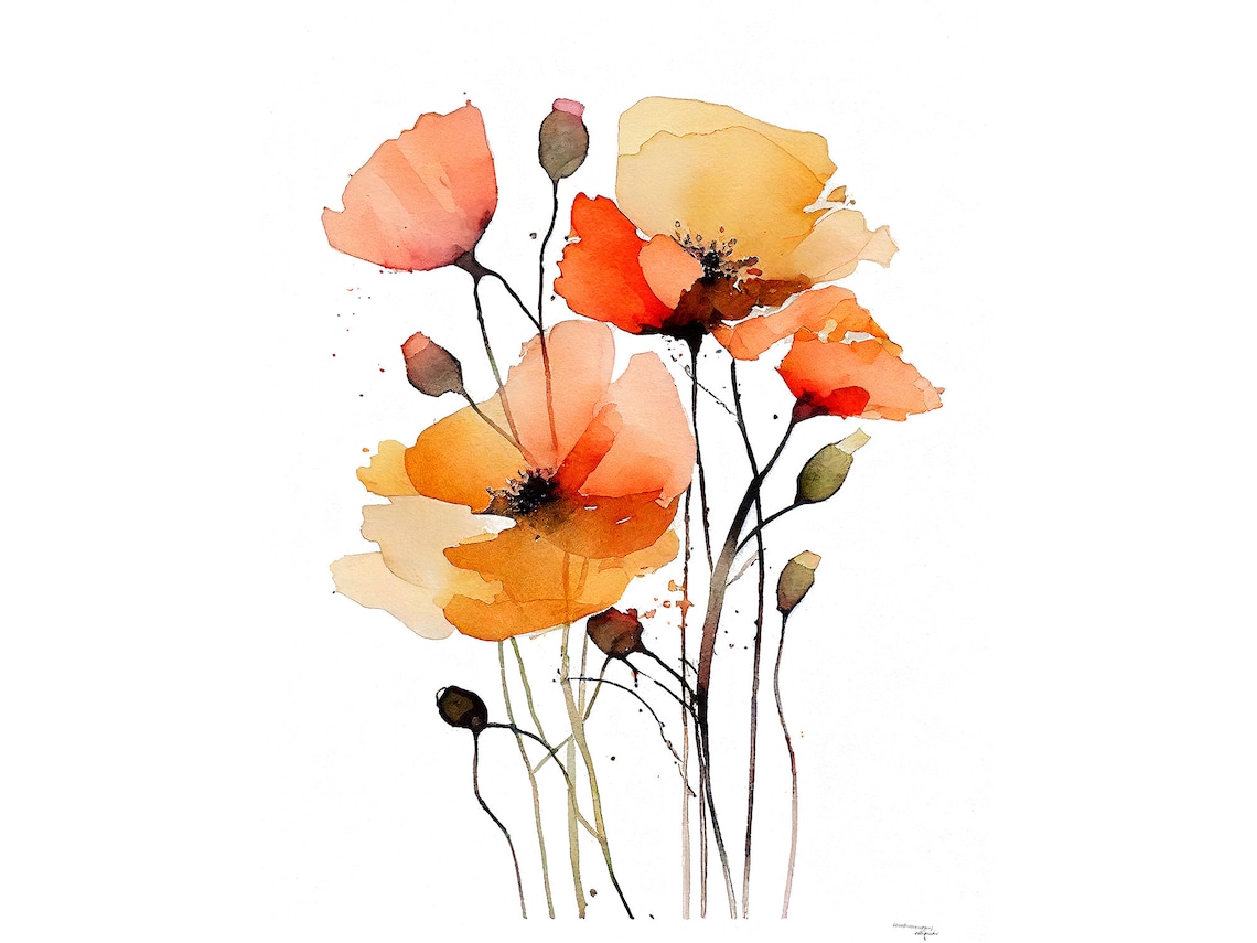 California Poppy Watercolor Art Print, Farmhouse Floral