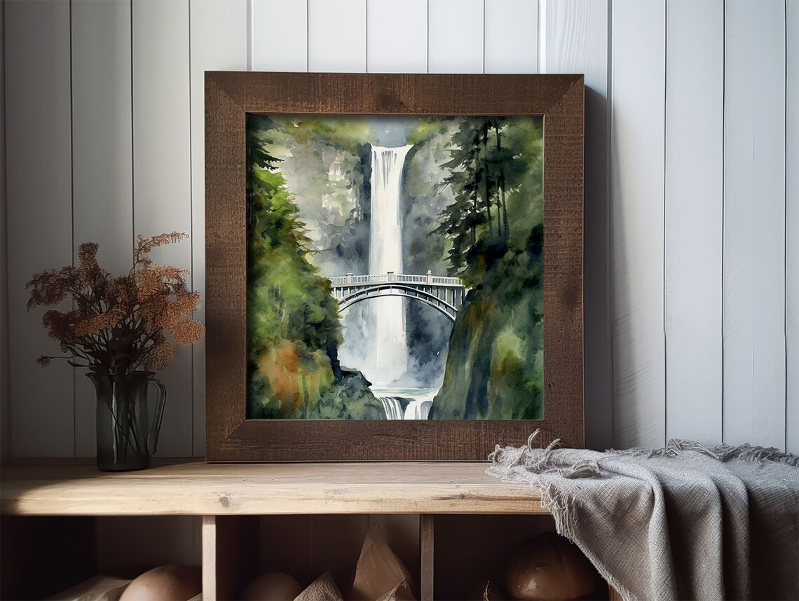 Multnomah Falls Painting Forest Waterfall Art Print - Image 2