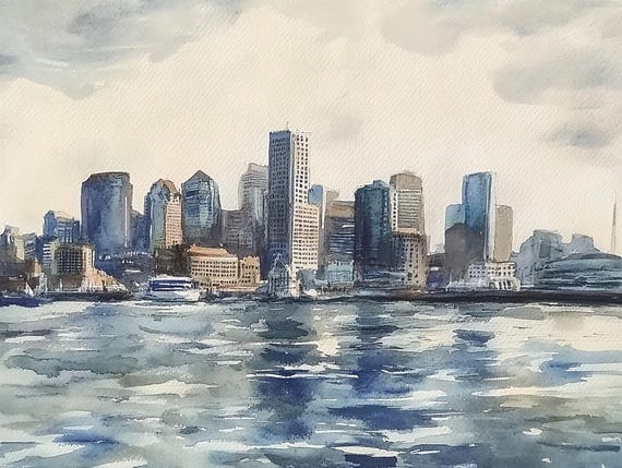 Boston Watercolor Cityscape Art Print, Skyline Poster