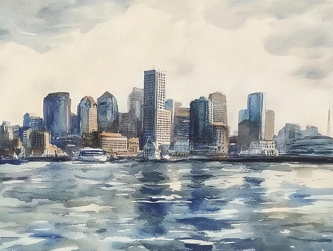 Boston Watercolor Cityscape Art Print, Skyline Poster