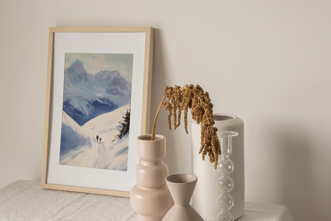 Snowy Mountain Peak Winter Hikers Trail Alpine Watercolor Poster - Image 3