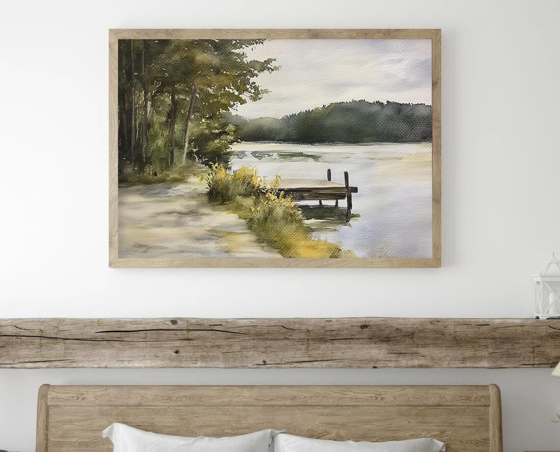 Still Forest Lake Wooden Dock Golden Morning Shore Watercolor Poster - Image 3