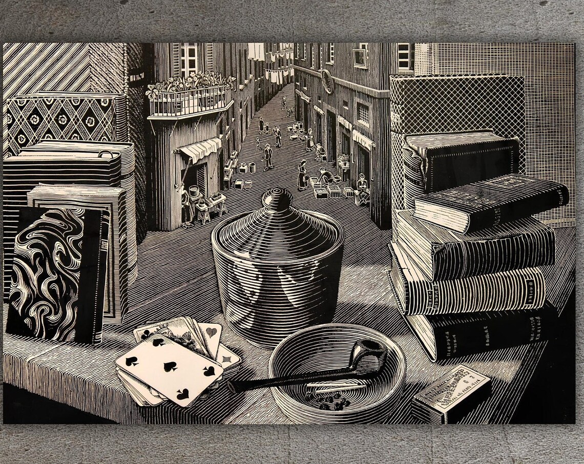 M C Escher Still Life and Street 1937 Optical Illusion Poster - Image 3