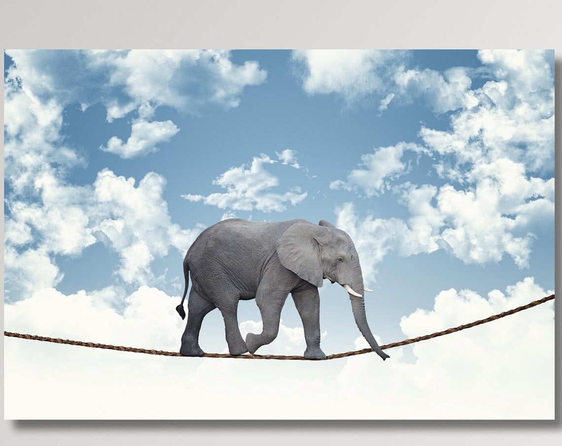 Elephant Walking Tightrope Surreal Blue Sky Clouds Art Poster