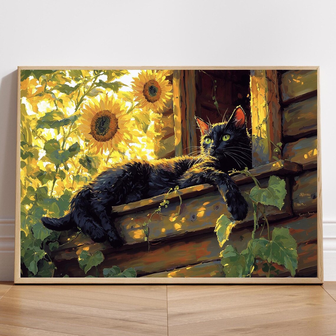 Black Cat Sunflowers Poster Golden Rustic Window Ledge Sunny Painting