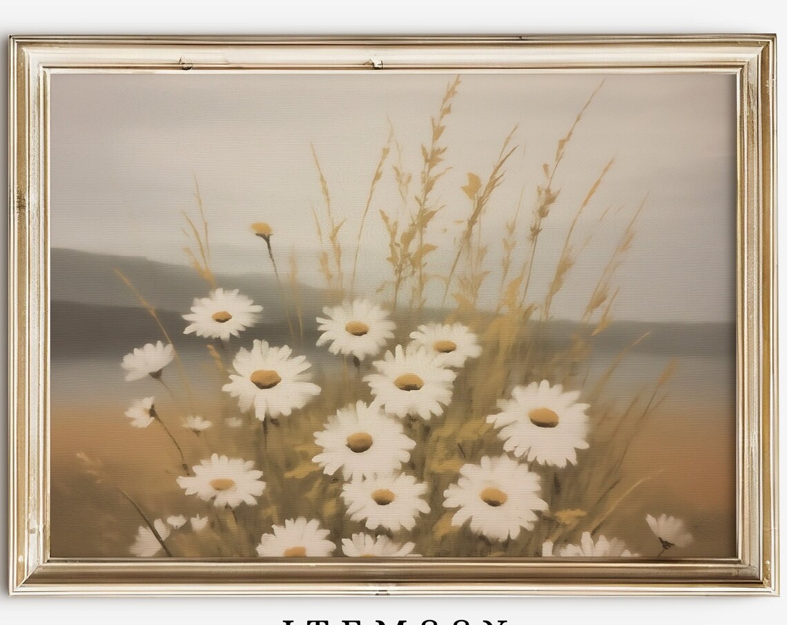 White Daisy Wildflower Meadow Golden Grass Vintage Botanical Poster