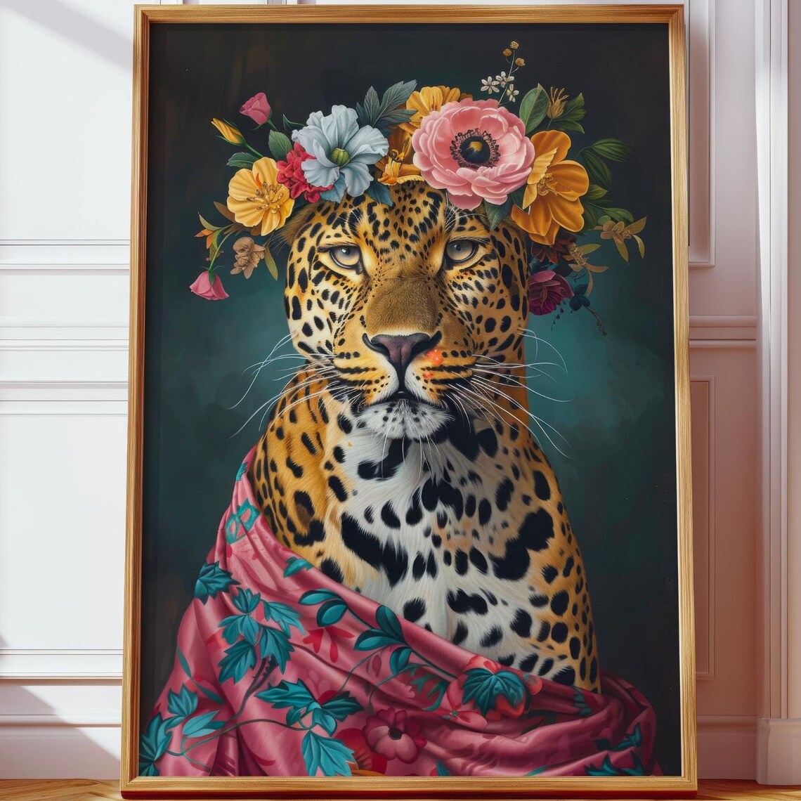 Majestic Leopard Wearing Floral Crown Painting Pink Shawl Maximalist Poster