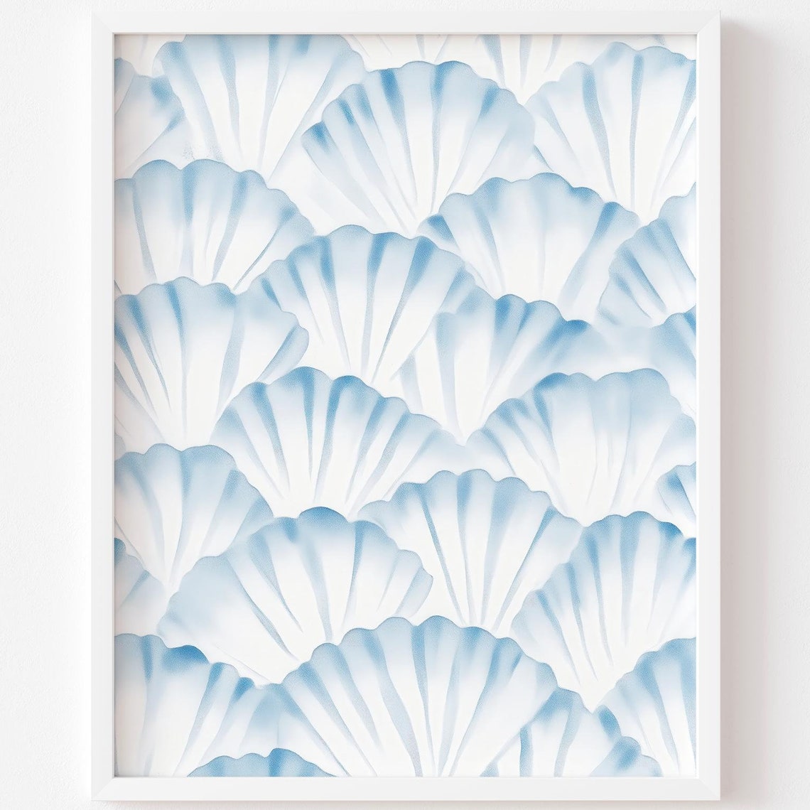 White Blue Scallop Shell Pattern Minimalist Coastal Wall Art