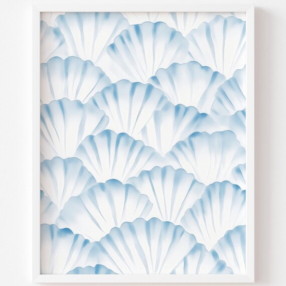 White Blue Scallop Shell Pattern Minimalist Coastal Wall Art