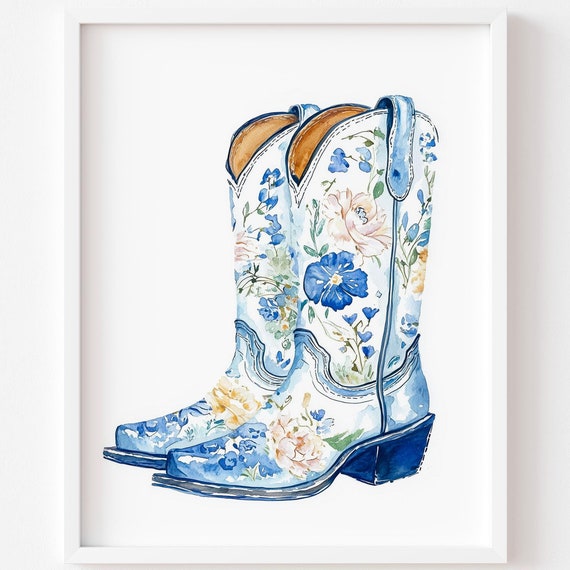 Blue And White Watercolor Cowboy Boots Print Aesthetic Cowgirl Boot Wall Art Chinoiserie Style Decor Trendy Blue Poster For Above Bed