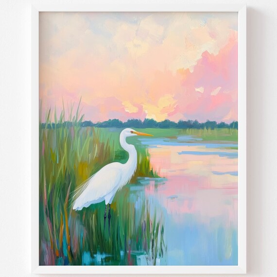 White Egret Marsh Sunset Pastel Coastal Watercolor Art Poster