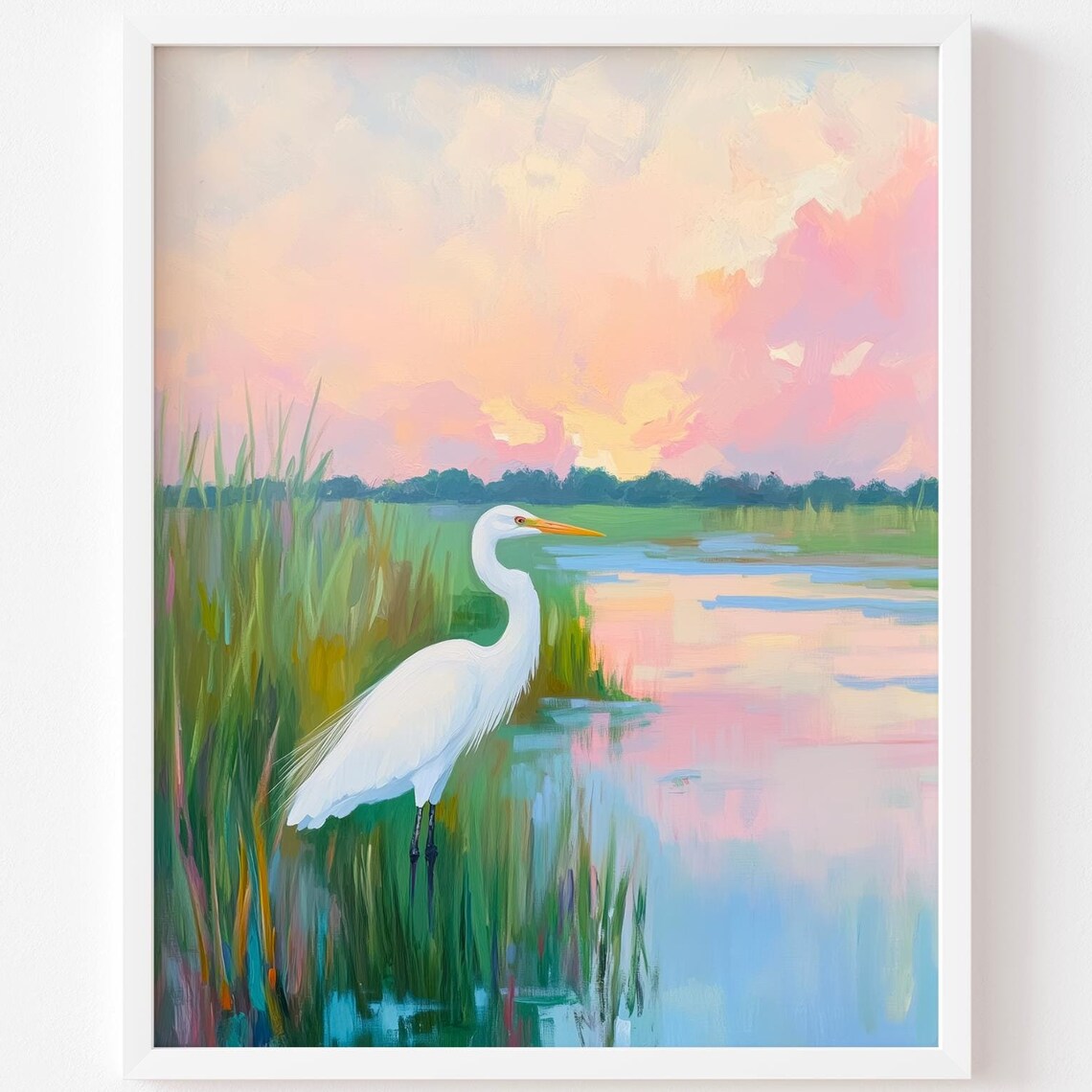 White Egret Marsh Sunset Pastel Coastal Watercolor Art Poster