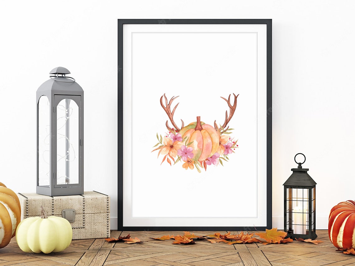 Watercolor Pumpkin with Antlers Floral Fall Harvest Wall Art Print - Image 4