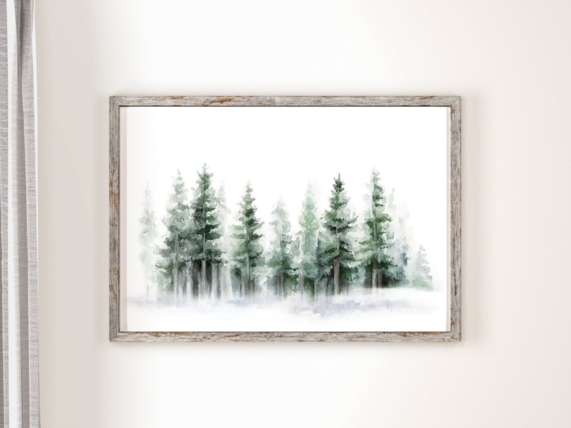 Misty Snowy Pine Forest Watercolor Winter Landscape Wall Art Print - Image 2