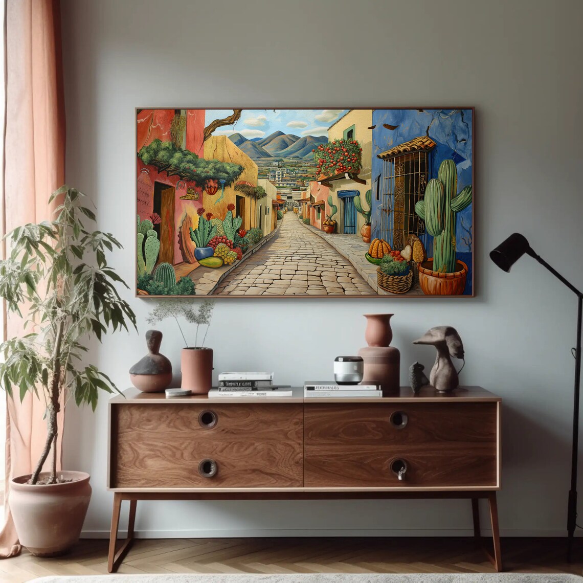Mexican Cobblestone Street Colorful Houses Cacti Painting Poster - Image 4