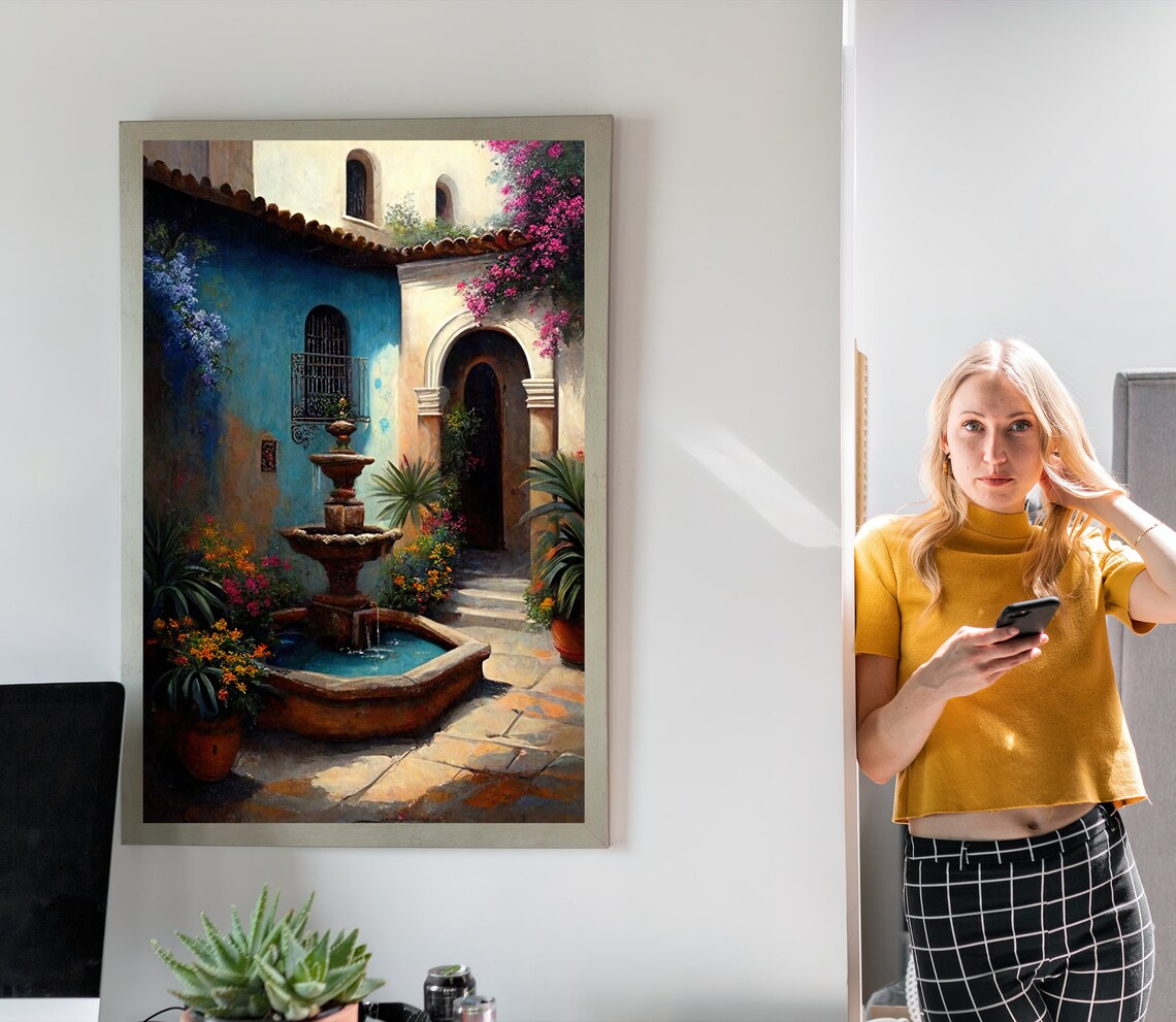 Mexican Courtyard With Stone Fountain and Bougainvillea Poster - Image 3