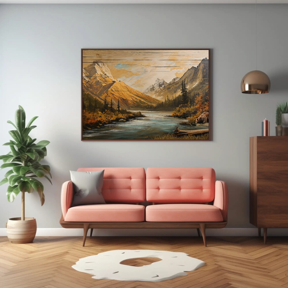 Wood Effect Mountain River Scenery, Rustic Decor Art Print - Image 3
