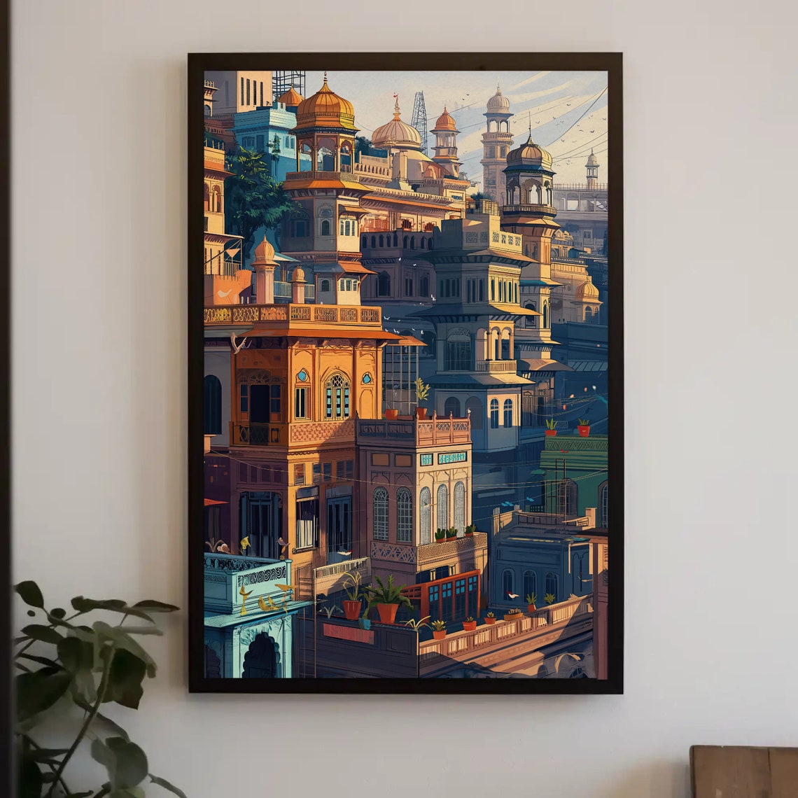 India Old City Mughal Domes Havelis Painted Sunset Skyline Wall Art