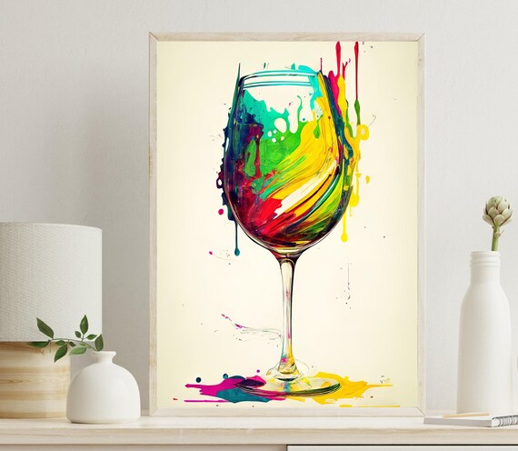 Wine Glass Filled With Rainbow Paint Splashes Modern Kitchen Art Poster