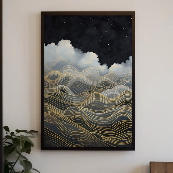 Geometric Lines Golden Sea Print Starry Sky Abstract Wall Art For Living Room And Bedroom Decor Large Wall Art