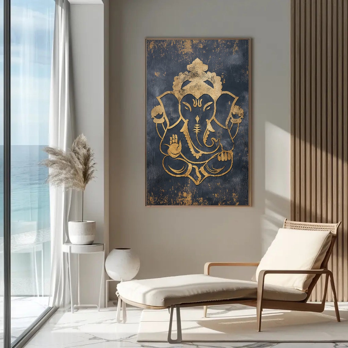 Gold Line Lord Ganesha On Dark Navy Ground Spiritual Wall Poster - Image 3