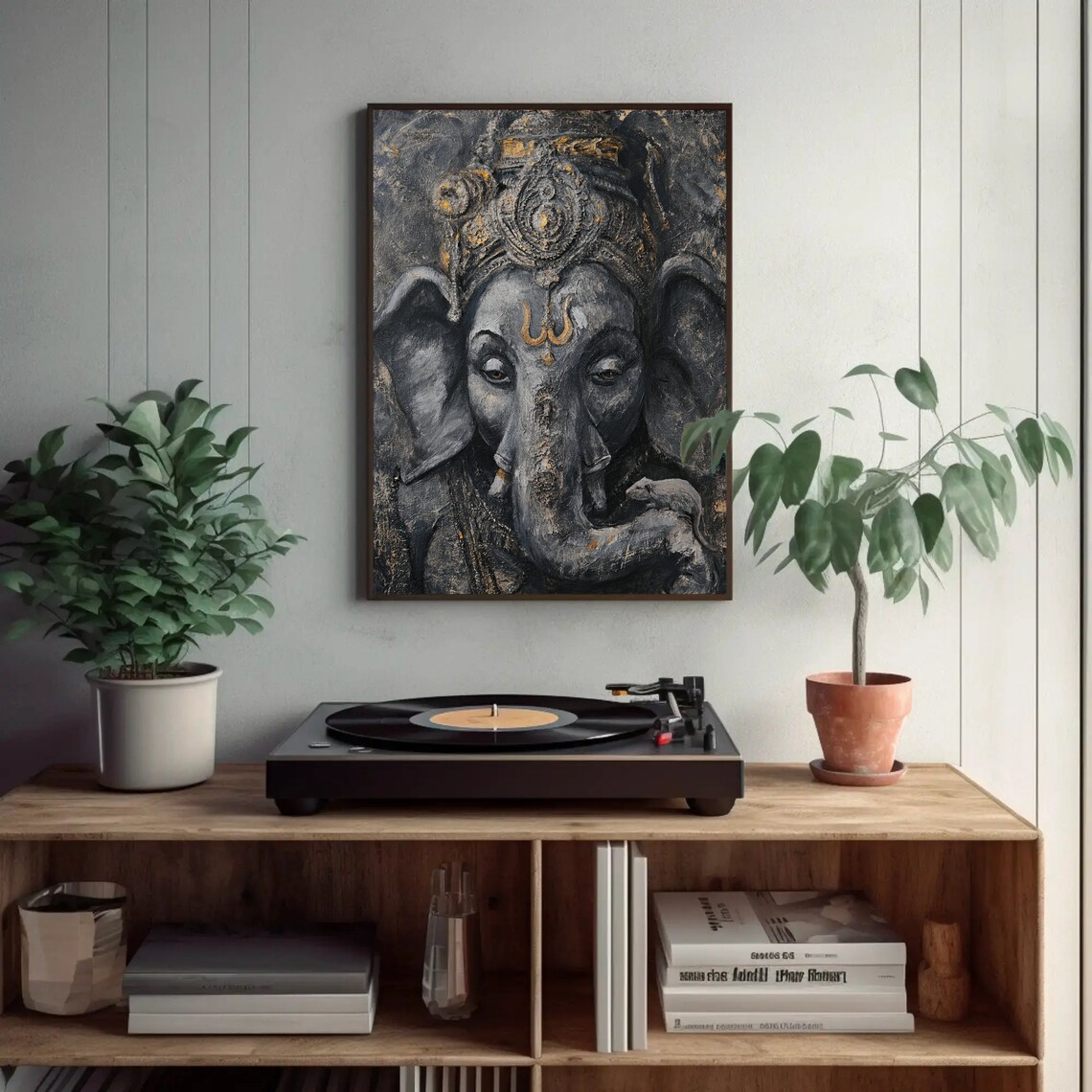 Ganesha with Pet Mouse in Dark Gray and Gold Spiritual Wall Poster - Image 3